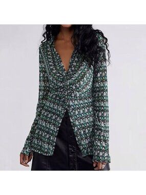 Free People Green Fish Scale Lucky Shirtee Long Sleeve Shirt Women’s Size XS Top